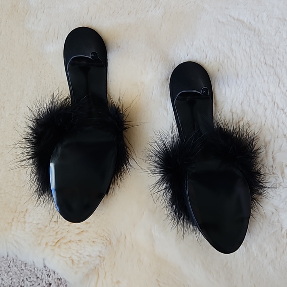 Vintage Jacques Levine Black Satin + Feather Mules - Picture 6 of 7